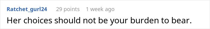 Text comment on a social platform discussing a childfree woman refusing responsibility for her sister's new baby.