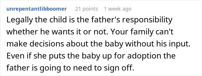 Comment discussing legal responsibility of father for newborn baby despite family disagreements in childfree woman's story