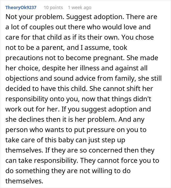 Comment discussing a childfree woman refusing responsibility for her sister&rsquo;s new baby and adoption suggestions.
