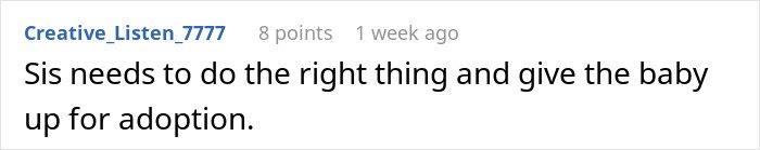 Comment text on a white background discussing a childfree woman refusing responsibility for her sister&rsquo;s new baby.