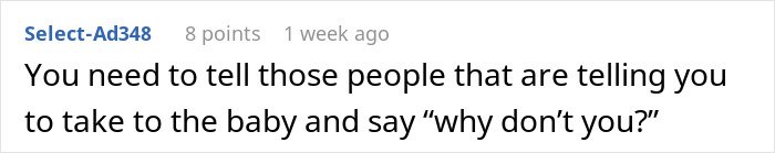 Text comment on a forum discussing a childfree woman refusing responsibility for her sister&rsquo;s new baby.