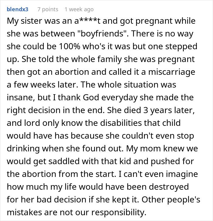 Comment from childfree woman refusing responsibility for her sister&rsquo;s new baby, discussing family conflict and choices.
