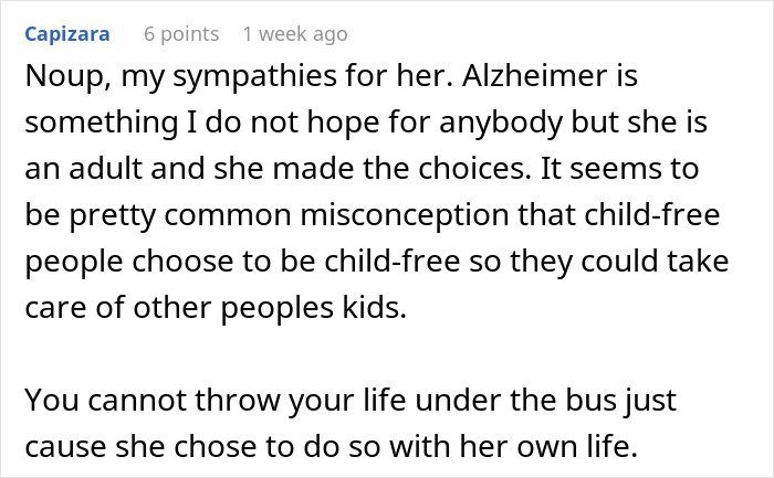 Screenshot of a forum comment discussing a childfree woman refusing responsibility for her sister&rsquo;s new baby.