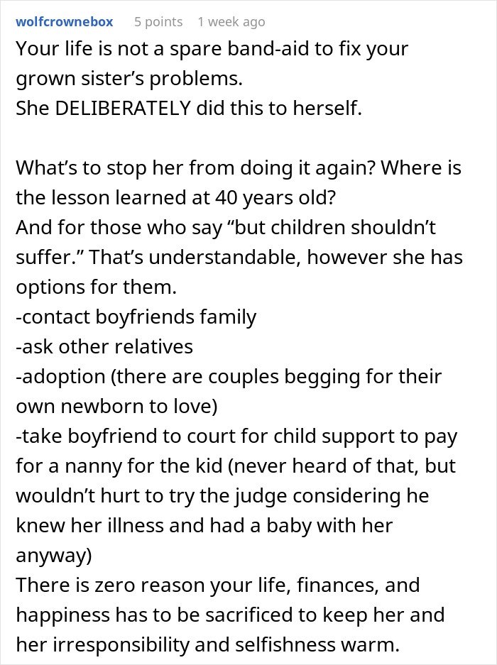 Comment discussing a childfree woman refusing responsibility for her sister&rsquo;s newborn due to her sister&rsquo;s choices.