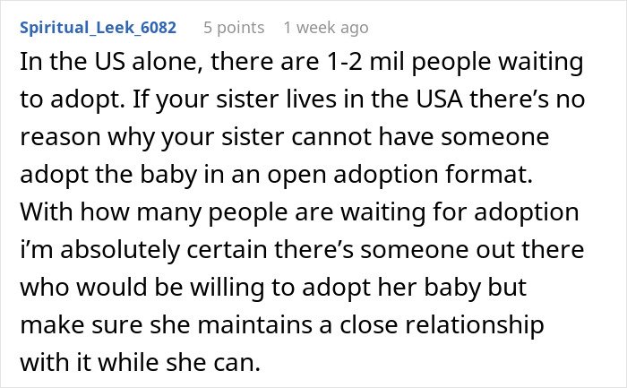Comment discussing adoption options as a childfree woman refuses responsibility for her sister&rsquo;s new baby.