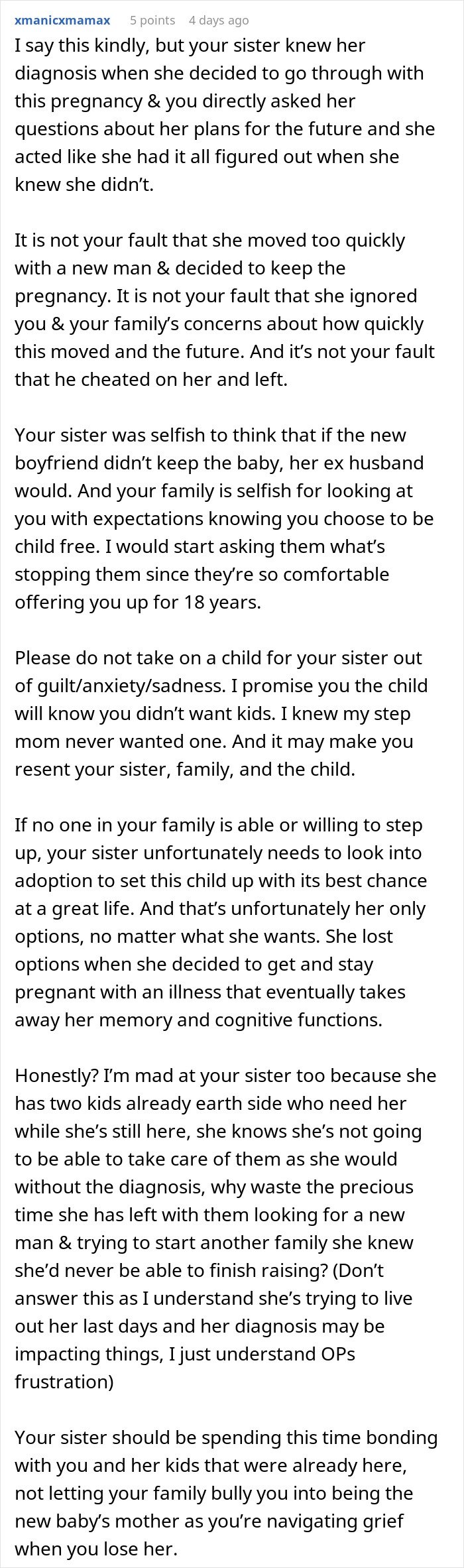Childfree woman refuses responsibility for sister&rsquo;s new baby, despite warning her not to have the child.