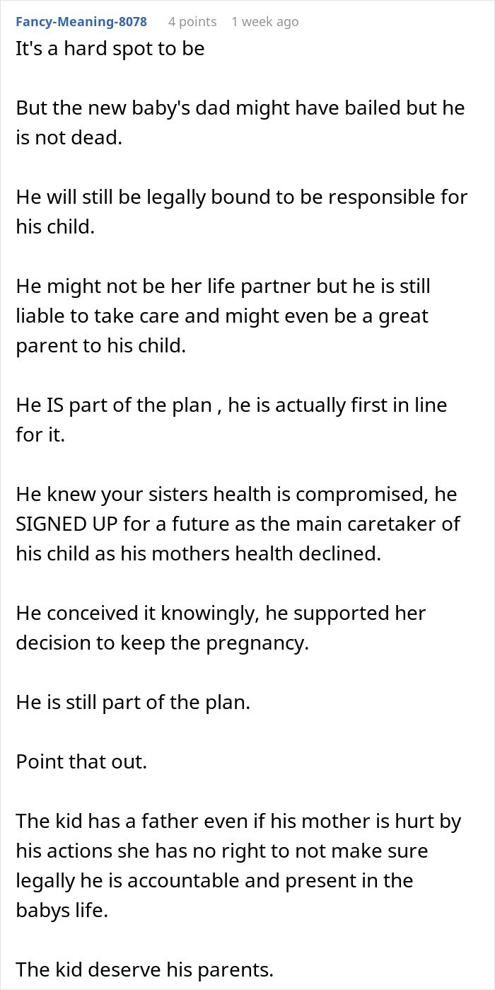 Comment discussing responsibility and care disputes involving a childfree woman and her sister&rsquo;s new baby.