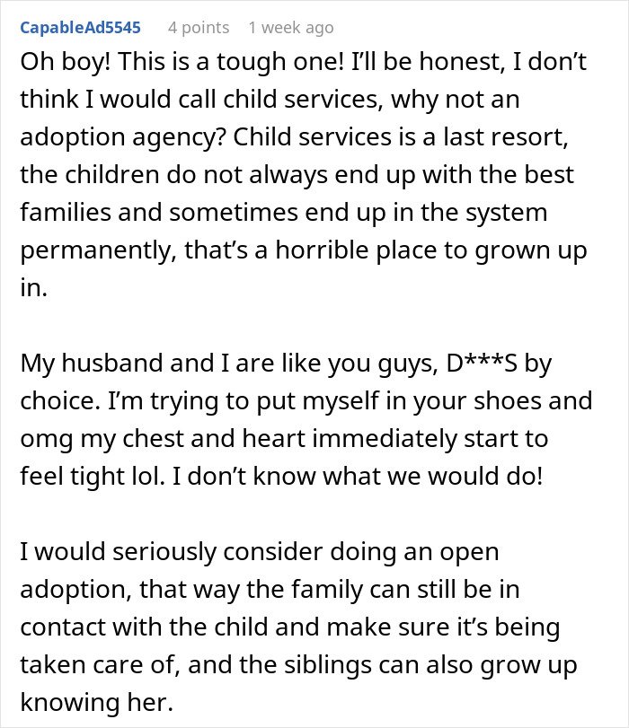 Comment discussing a childfree woman refusing responsibility for her sister&rsquo;s new baby and considering open adoption.