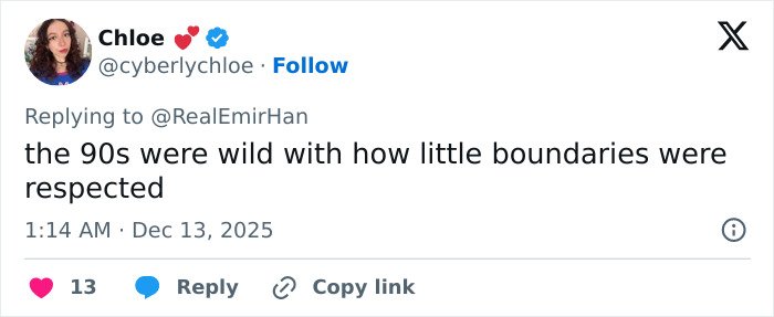 Twitter post by Chloe discussing the 90s and boundaries, related to Jennifer Connelly regrets iconic movie scene debate.