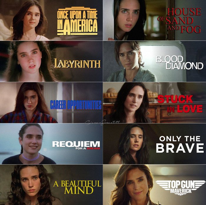 Jennifer Connelly in iconic movie scenes, reflecting career moments and admitting regrets over The Horse Has No Regrets.
