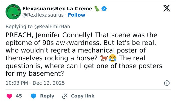 Tweet discussing Jennifer Connelly&rsquo;s regret about an iconic 90s movie scene involving a mechanical horse.
