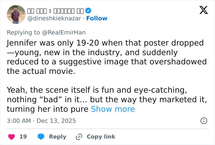 Tweet discussing Jennifer Connelly&rsquo;s early career and regret over iconic movie scene marketing sparking career debate.