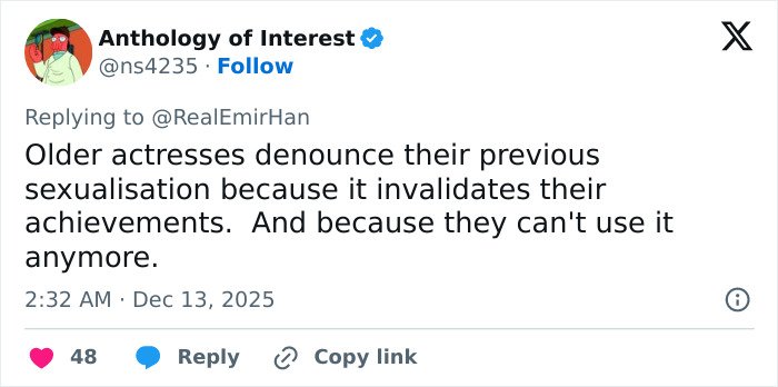 Tweet from Anthology of Interest discussing older actresses denouncing past sexualisation and its impact on their achievements and careers.