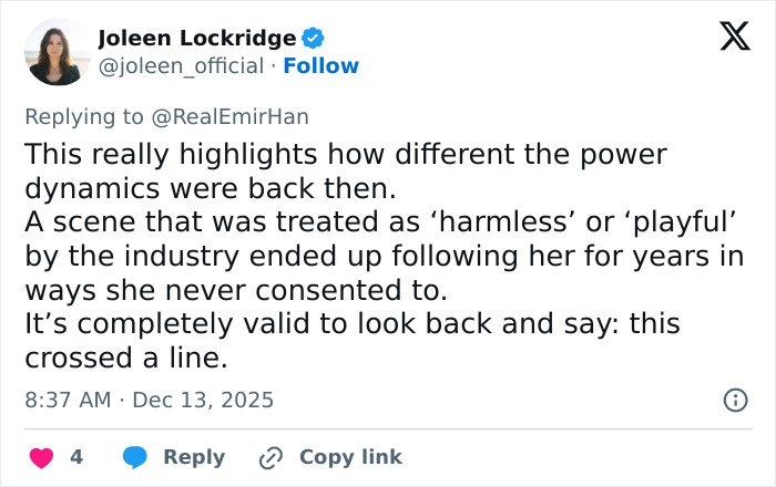 Tweet by Joleen Lockridge discussing power dynamics and regret over an iconic movie scene in relation to Jennifer Connelly&rsquo;s career debate.
