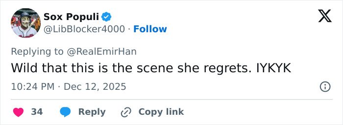 Twitter post discussing Jennifer Connelly admitting regret about an iconic movie scene sparking a career debate.