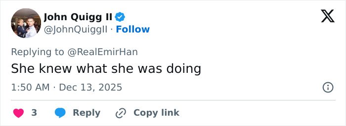 Screenshot of a tweet by John Quigg II responding about Jennifer Connelly and her regret over iconic movie scene sparking career debate.