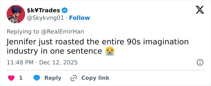 Tweet discussing Jennifer Connelly&rsquo;s regrets about an iconic movie scene sparking debate about her career.