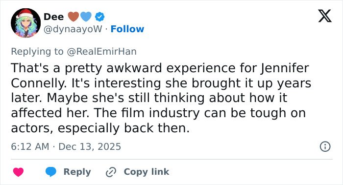Tweet discussing Jennifer Connelly reflecting on iconic movie scene regrets and the challenges in the film industry.