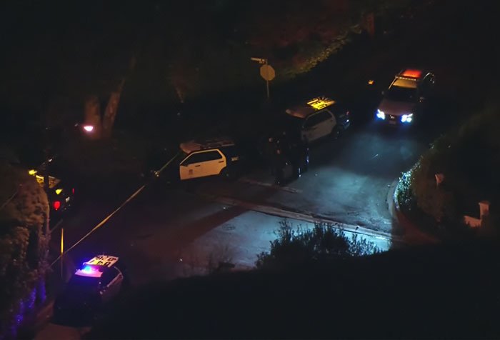 Police cars with flashing lights at a dark LA crime scene as son eyed person of interest in grisly Reiner slaying