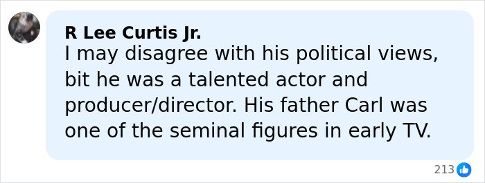 Comment by R Lee Curtis Jr. discussing Rob Reiner's political views and his father's impact on early TV.