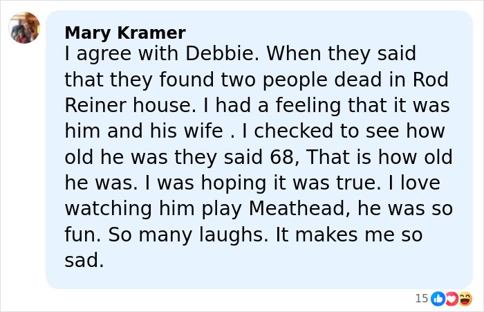 Facebook comment discussing the son eyed as person of interest after Rob Reiner and wife found slain in LA home.
