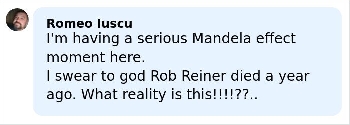 User comment by Romeo Iuscu expressing confusion about Rob Reiner's death and questioning reality.