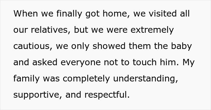 Text describing family caution and support after a premature birth amid tensions with MIL refusing to believe it.