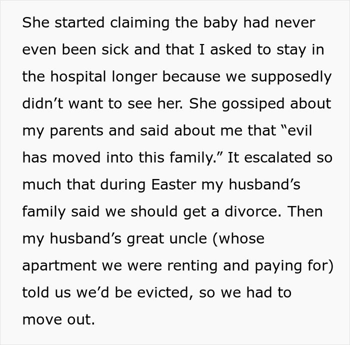 Text excerpt describing MIL declaring evil has moved into family after DIL’s premature birth and family tensions escalate.