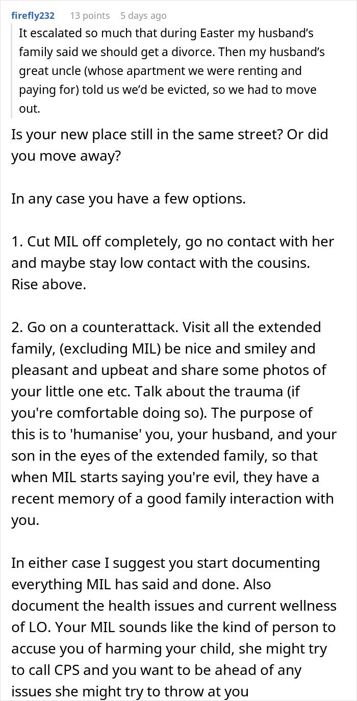 Text showing advice on handling a MIL who refuses to believe a DIL’s premature birth and declares evil in family.