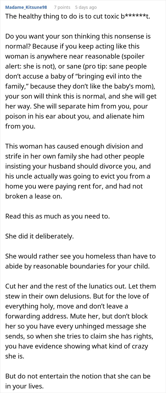 Comment discussing MIL declaring evil in family after DIL’s premature birth, emphasizing toxic behavior and family division.