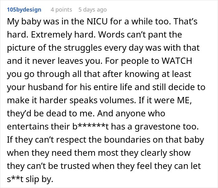 Comment discussing struggles with NICU and family conflict after premature birth, highlighting MIL refusing to believe situation.