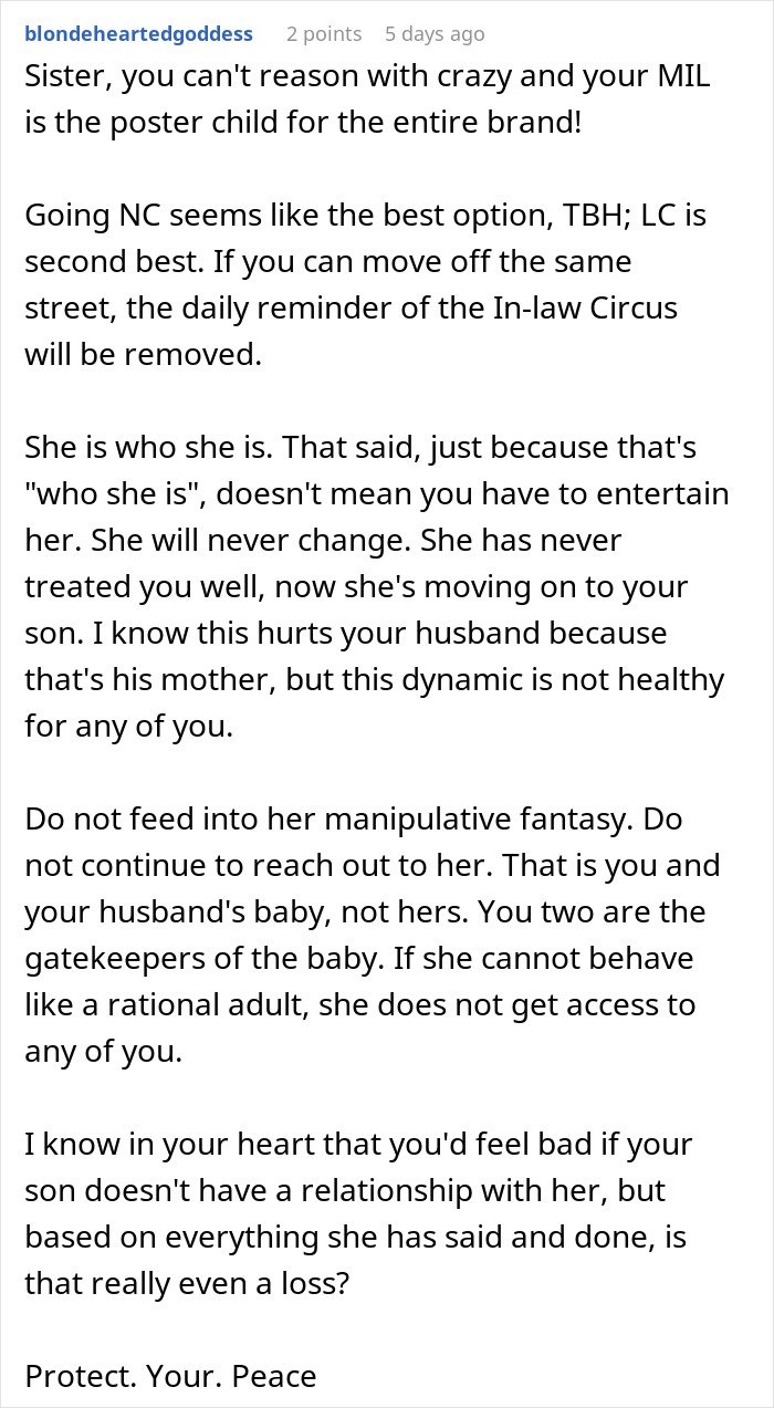 Text comments discussing a MIL declaring evil has moved into the family after premature birth and refusing to believe it.
