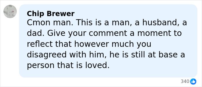 Screenshot of a Facebook comment defending a man as a loved husband and father amid tragic news.