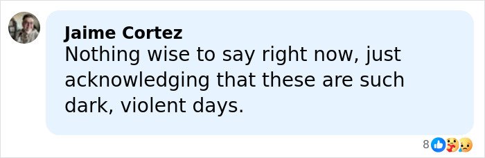 Comment by Jaime Cortez expressing sorrow over dark and violent days, related to Rob Reiner's daughter tragic post.