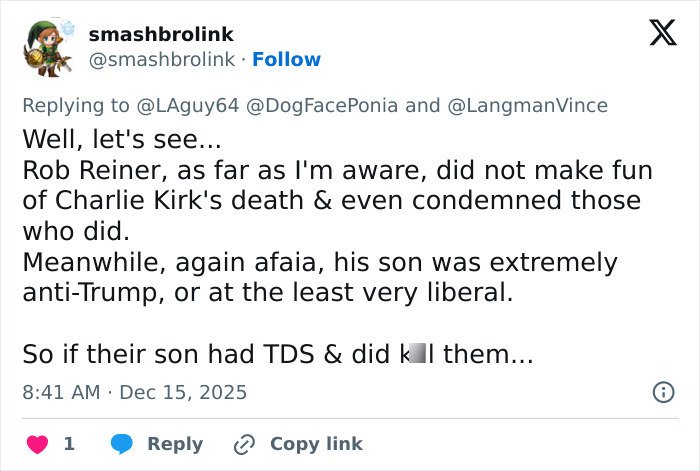 Tweet discussing MAGA hypocrisy, Rob Reiner’s slaying, and contrasting views on Charlie Kirk’s death.