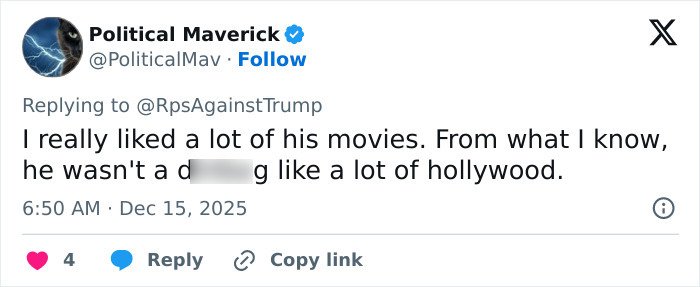 Tweet from Political Maverick discussing Rob Reiner’s movies amid MAGA hypocrisy debate compared to Charlie Kirk.