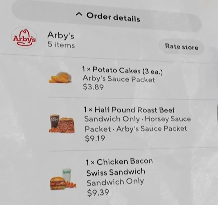 Screenshot of DoorDash order details from Arby's showing items and prices related to DoorDasher pepper-spraying incident.