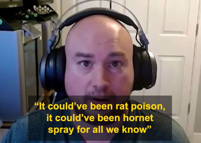 Man wearing large black headphones speaks in a home office setting with quote about pepper spraying food from DoorDasher arrest story.