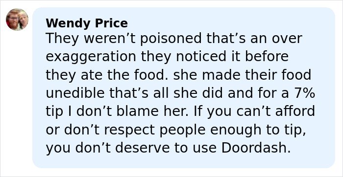 Screenshot of a social media comment defending a DoorDasher who allegedly pepper-sprayed food with a bizarre excuse.