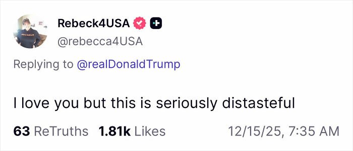 Tweet from Rebeck4USA calling Trump's post seriously distasteful amid controversy over Rob Reiner and wife TDS claim.