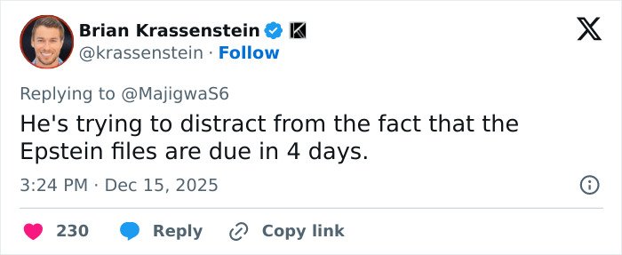 Brian Krassenstein tweeting about Epstein files deadline, discussing political distraction amid Trump and Rob Reiner TDS claims.