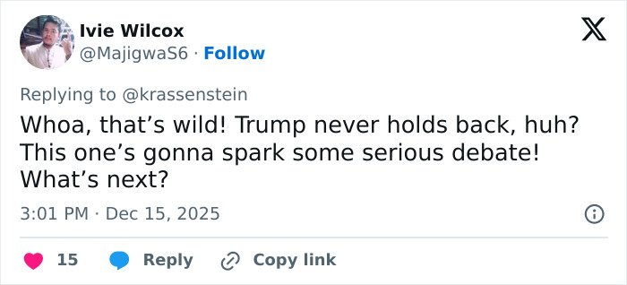 Twitter reply by Ivie Wilcox reacting to Trump&rsquo;s controversial post about Rob Reiner and wife linked to TDS.