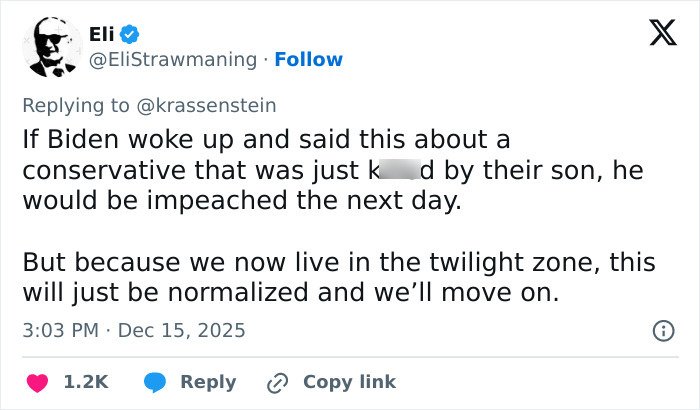 Tweet criticizing Trump for claiming Rob Reiner and wife passed from TDS, sparking controversy and backlash online.