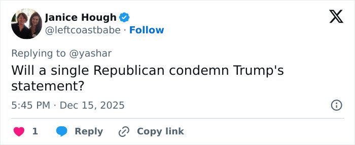 Janice Hough tweeting about Republicans condemning Trump&rsquo;s controversial post involving Rob Reiner and wife TDS claim.