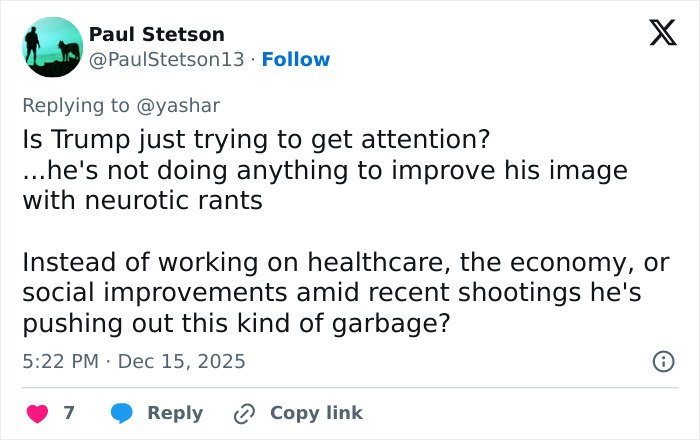 Tweet from Paul Stetson criticizing Trump for controversial post about Rob Reiner and wife amid political and social issues.
