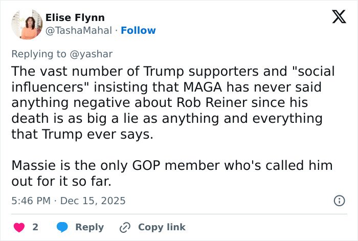 Tweet criticizing Trump supporters for false claims about Rob Reiner and GOP response to Trump&rsquo;s controversial post.