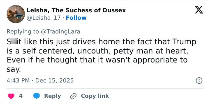 Tweet from Leisha criticizing Trump as petty and self-centered, responding to controversy over Trump&rsquo;s post about Rob Reiner and wife.