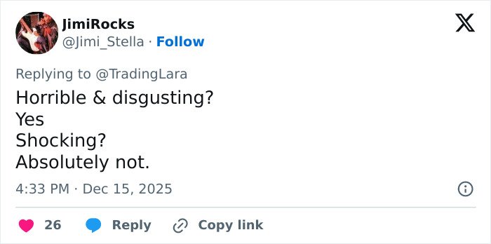 Tweet showing user JimiRocks calling a Trump post about Rob Reiner and wife passing from TDS horrible and disgusting.
