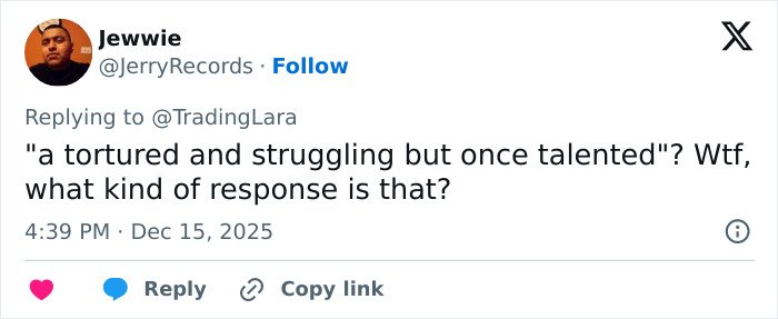 Screenshot of a tweet criticizing a response amid Trump under fire for post about Rob Reiner and wife passing from TDS.