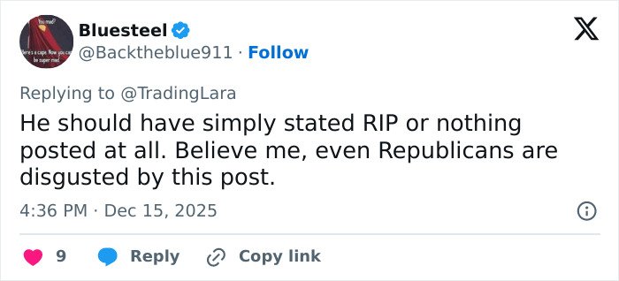 Screenshot of a Twitter reply criticizing Trump for a post about Rob Reiner and his wife linked to TDS.